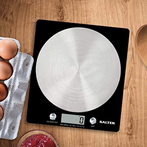 Salter Digital Kitchen Weighing Scales – As Seen on TV, Stylish Slim Design Electronic Cooking Scale for Home + Kitchen, Weigh Food 5000g + Liquids in ml and fl. Oz. – Black