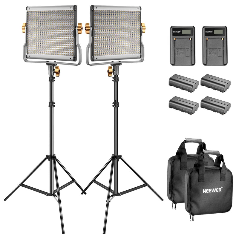 Neewer Bi-color LED 480 Video Light and Stand Kit with Battery and Charger for Studio, YouTube Video Shooting, Durable Metal Frame, Dimmable with U Bracket, 3200-5600K, CRI 96+ (2 Pack)